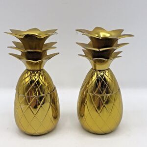 Set Of 2 The Pineapple Co. Brass Gold Pineapple Shot Glasses 2oz MCM 4 Inches